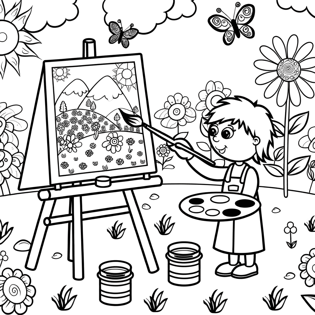 Ausmalbild: Kind malt an Staffelei im Garten