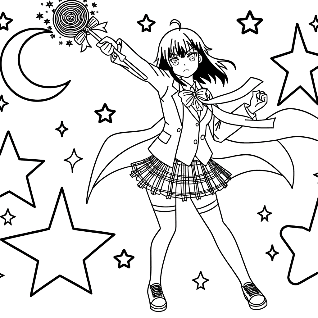 Mutiges Anime-Mädchen mit Zauberstab in Schuluniform