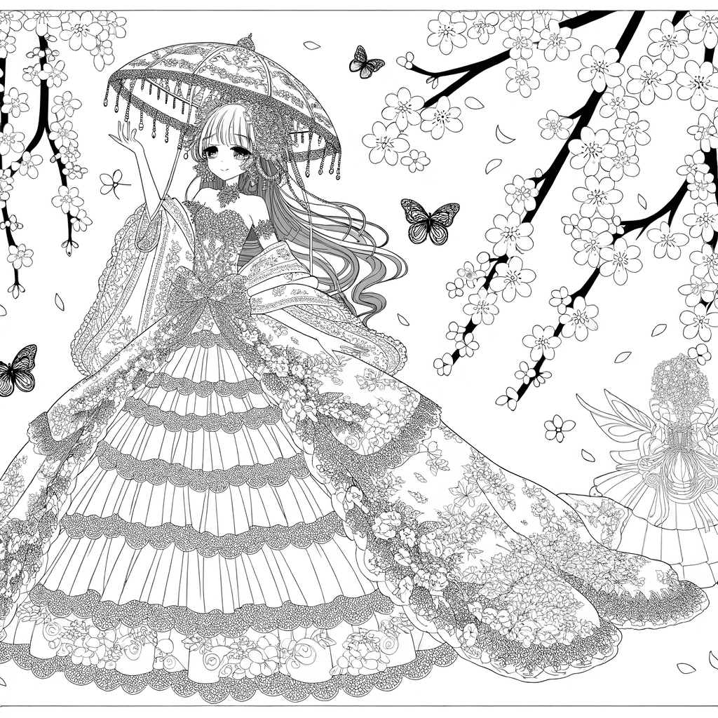 Anime Prinzessin im Kirschblütengarten Ausmalbild