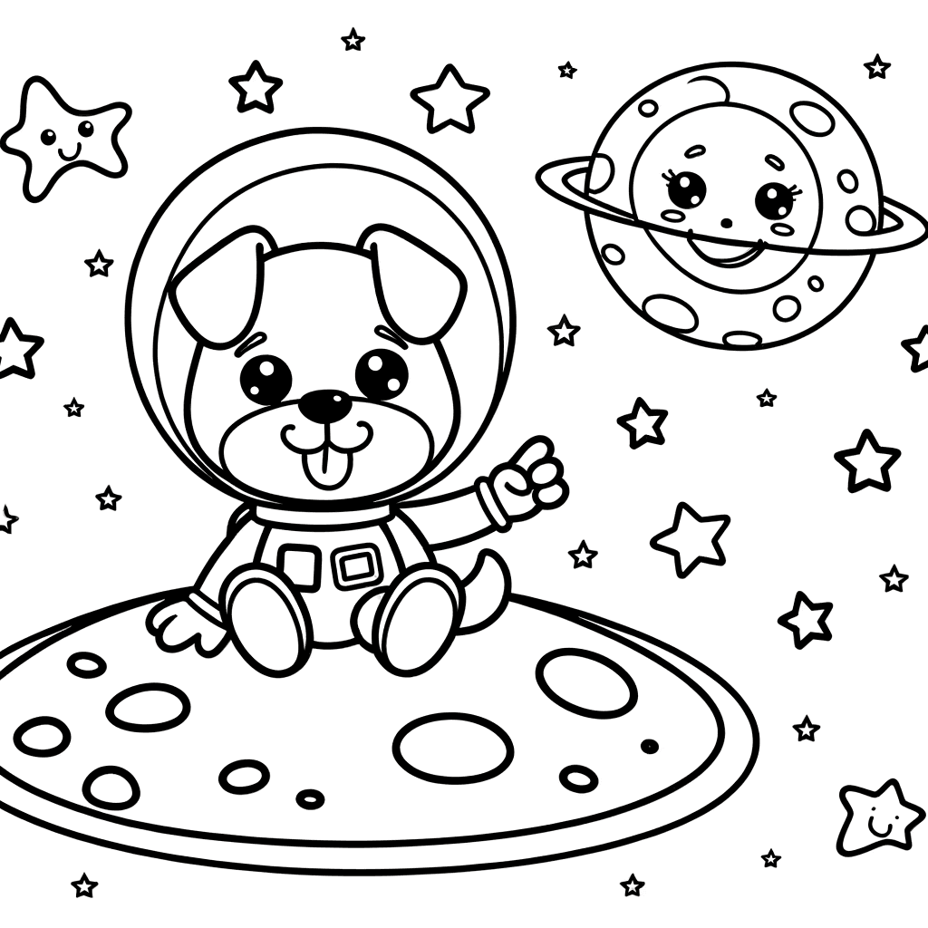 Ausmalbild: Süßer Astronauten-Hund auf dem Mond