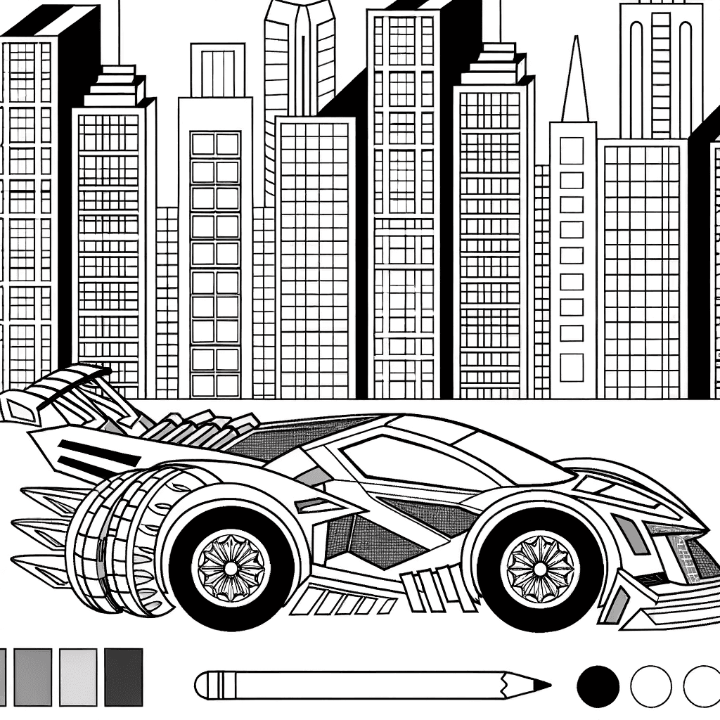 Futuristisches Sportauto in moderner Stadt – Ausmalbild ab 10 Jahren
