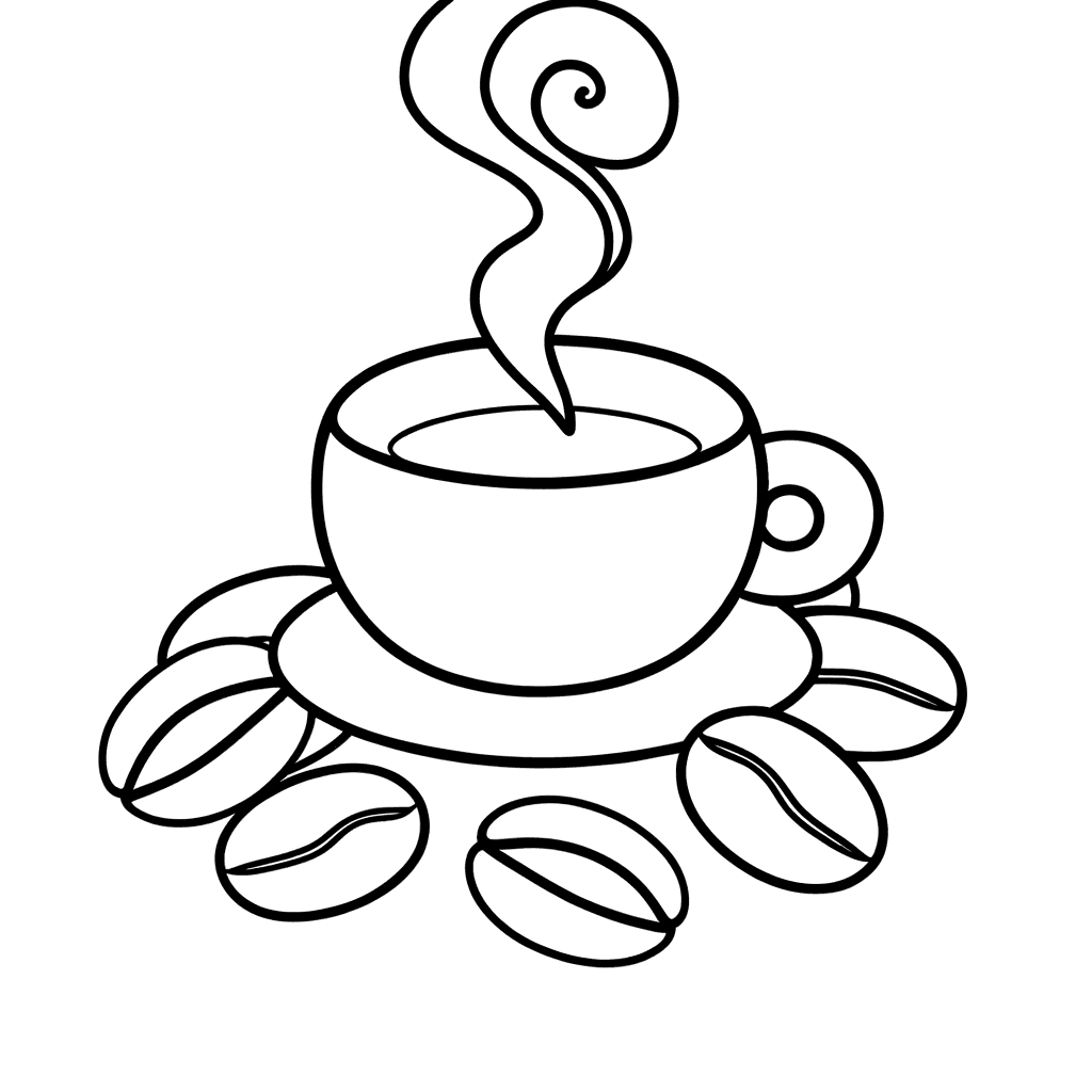 Ausmalbild Kaffeetasse mit Schnörkel-Dampf und Kaffeebohnen