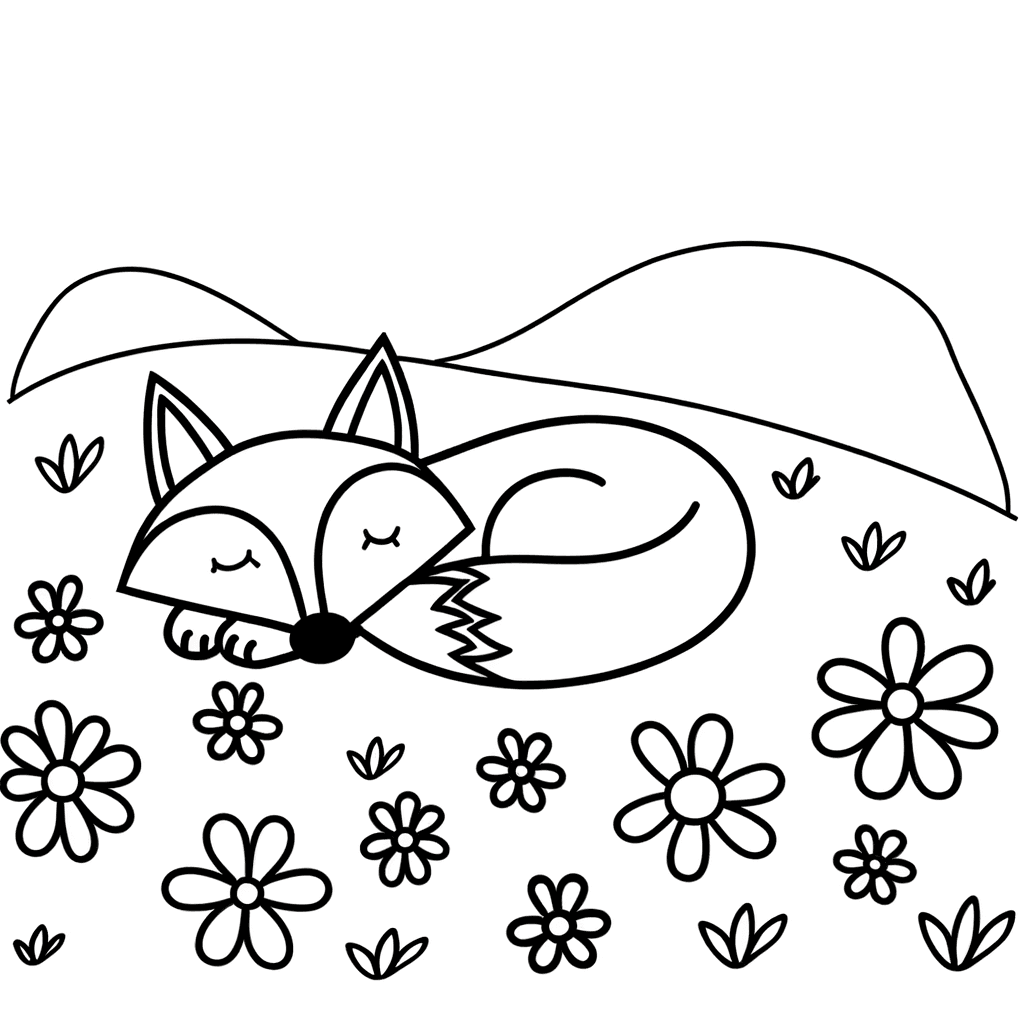 Ausmalbild: Schlafender Fuchs auf Blumenwiese