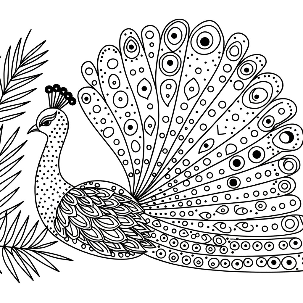 Majestätischer Pfau mit Mustern: Ausmalbild für Erwachsene