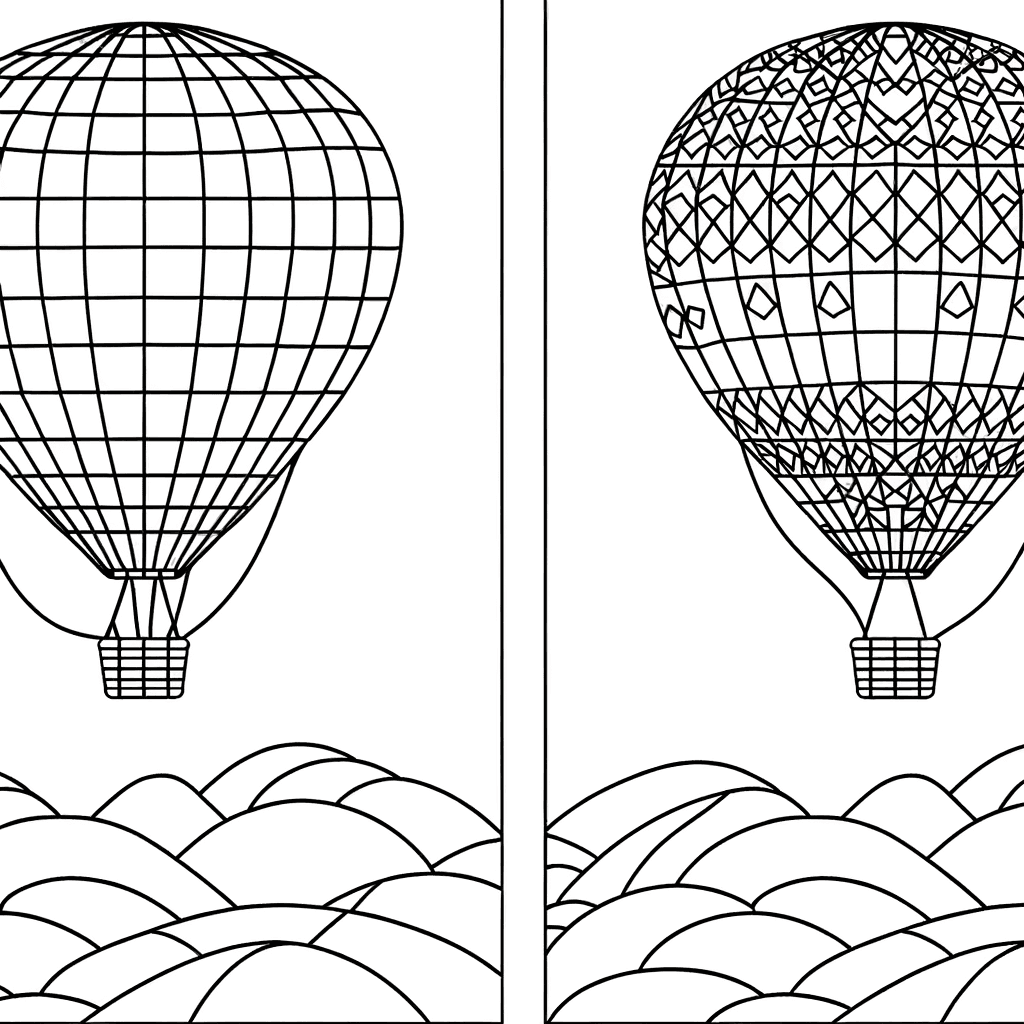 Heißluftballon mit geometrischen Mustern über Hügellandschaft