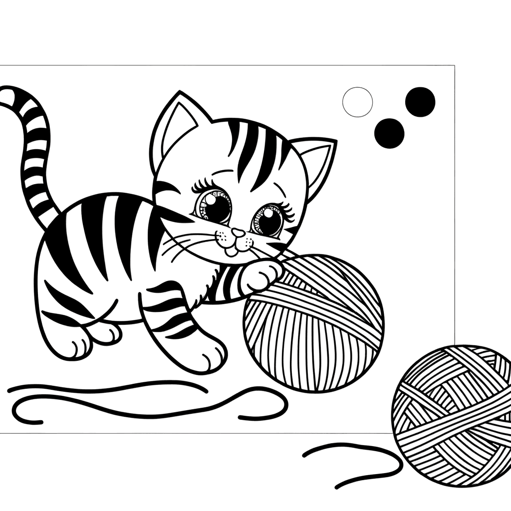 Ausmalbild: Verspieltes Kätzchen mit Wollknäuel