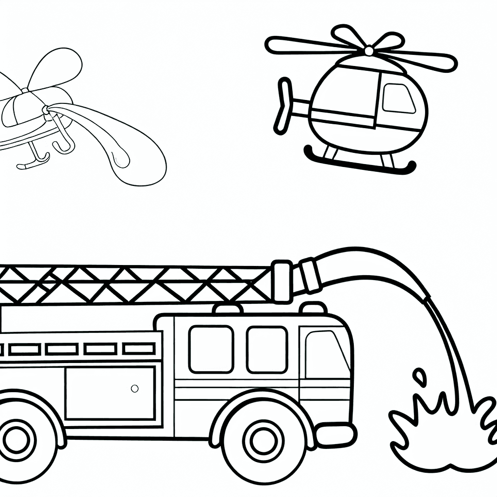 Página para colorear de camión de bomberos con helicóptero