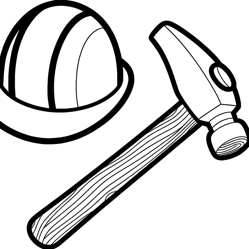 Ausmalbild Schutzhelm und Hammer auf der Baustelle