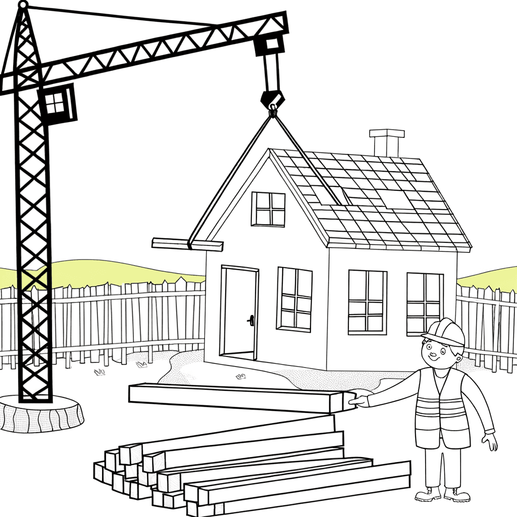 Ausmalbild Baustelle: Kran mit Holzbalken und Hausbau