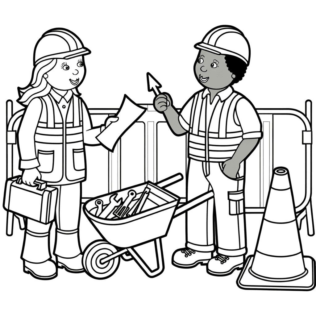 Bauarbeiter mit Bauplan und Schubkarre auf der Baustelle