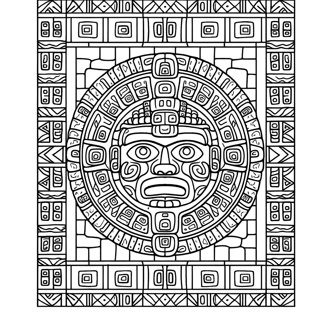 Ausmalbild: Aztekischer Sonnenstein mit mythologischen Symbolen