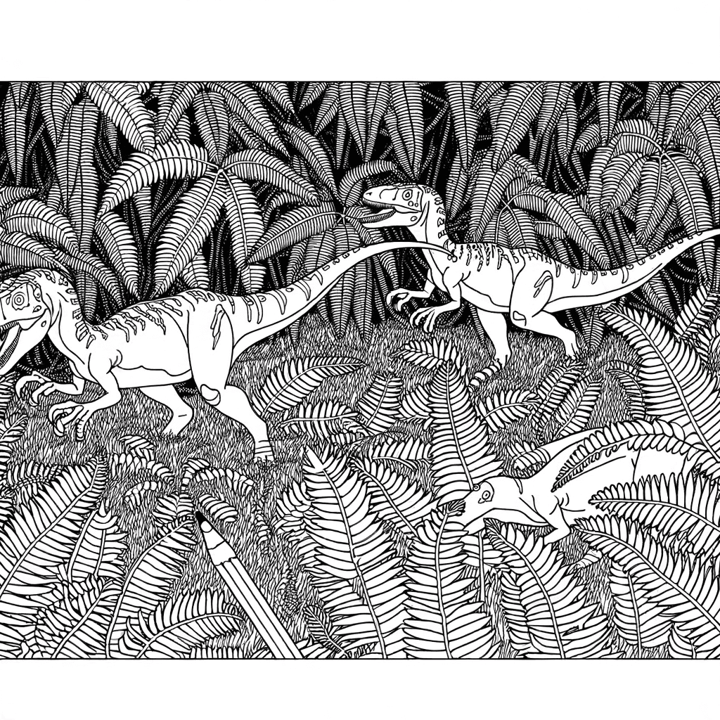 Velociraptoren auf der Jagd im Farn-Dickicht