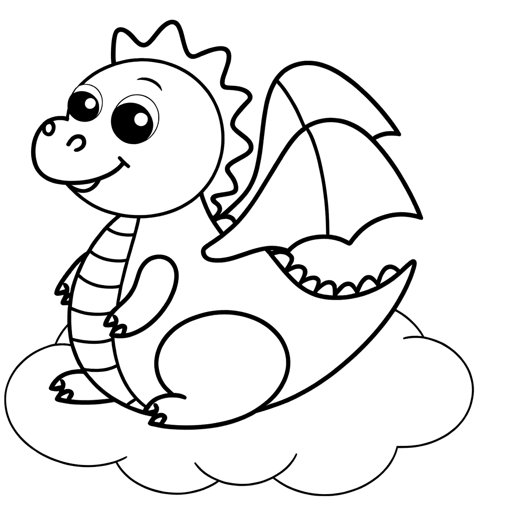 Süßer lächelnder Drache auf einer Wolke - Ausmalbild für Kinder