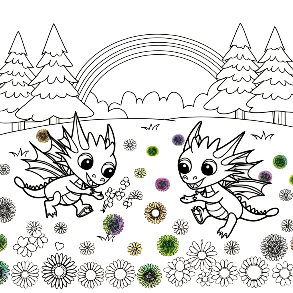 Deux bébés dragons jouant dans une prairie fleurie