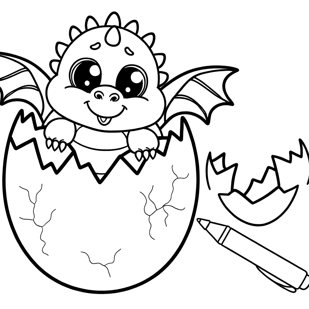 Süßer Baby-Drache schlüpft aus dem Ei – Ausmalbild für Kleinkinder