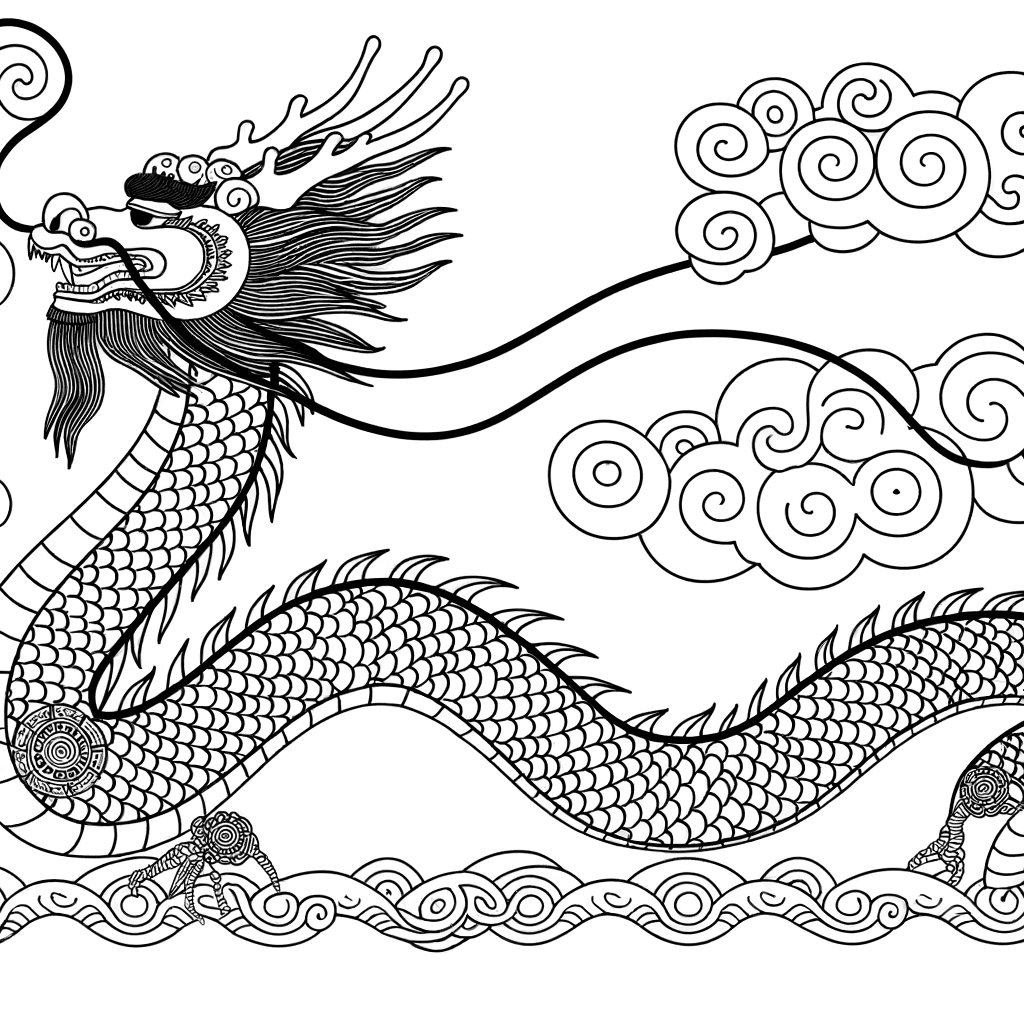 Kleurplaat: Majestueuze Chinese draak in de wolken