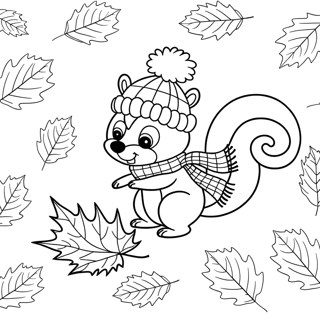 Eichhörnchen mit Mütze und Schal im Herbstlaub