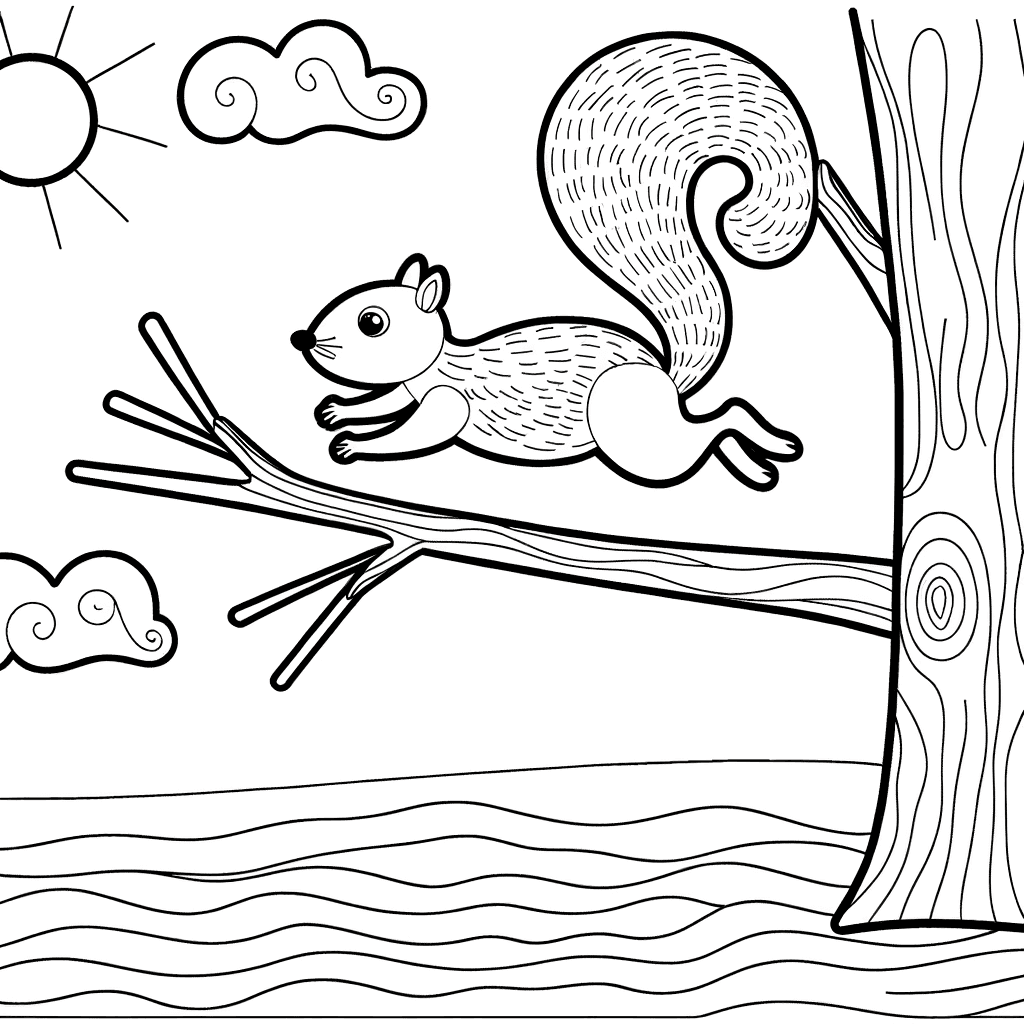 Springendes Eichhörnchen mit Sonne Ausmalbild