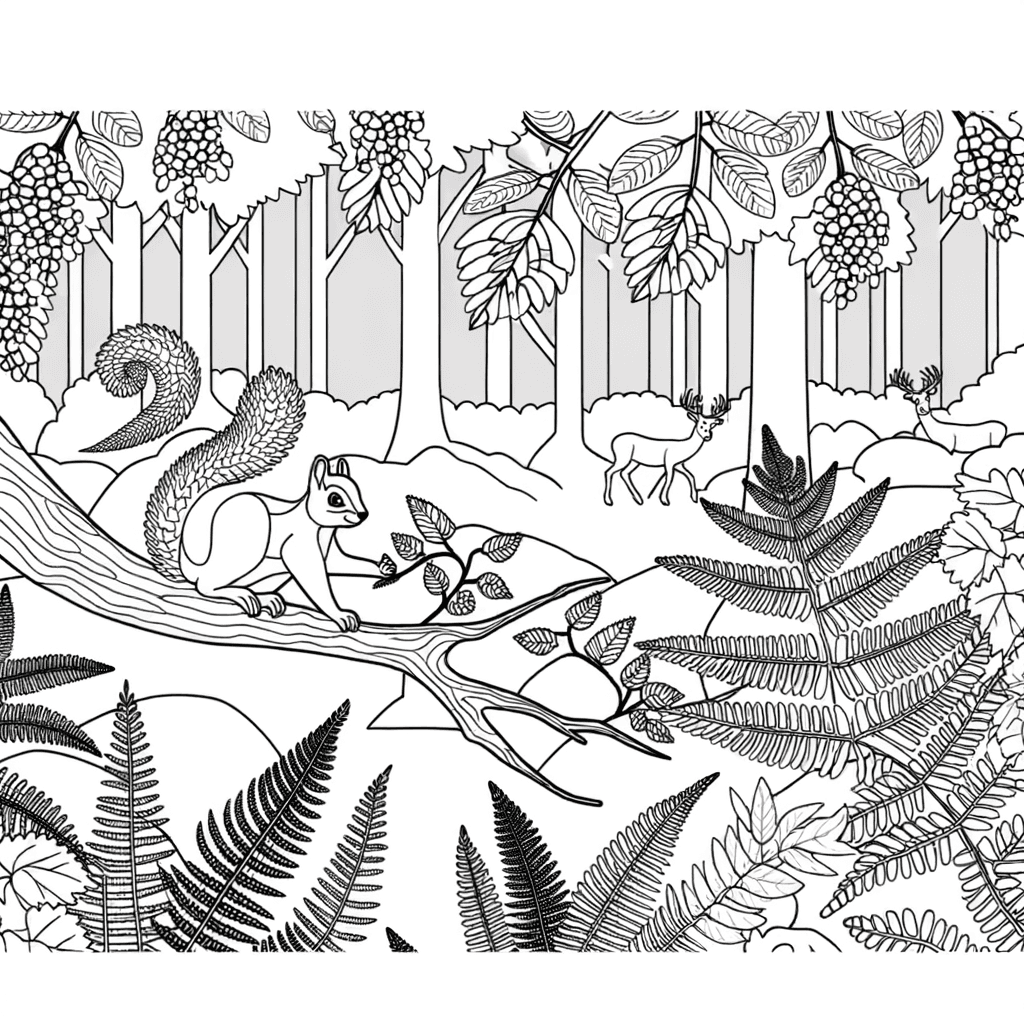 Disegno da colorare: Scoiattolo nel panorama del bosco con cervo