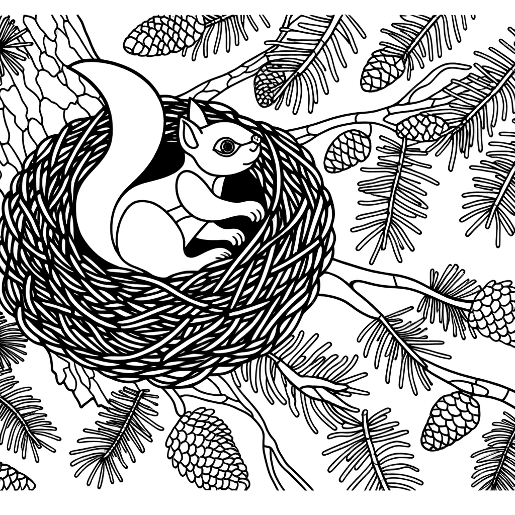 Eichhörnchen im Nest (Kobel) zum Ausmalen
