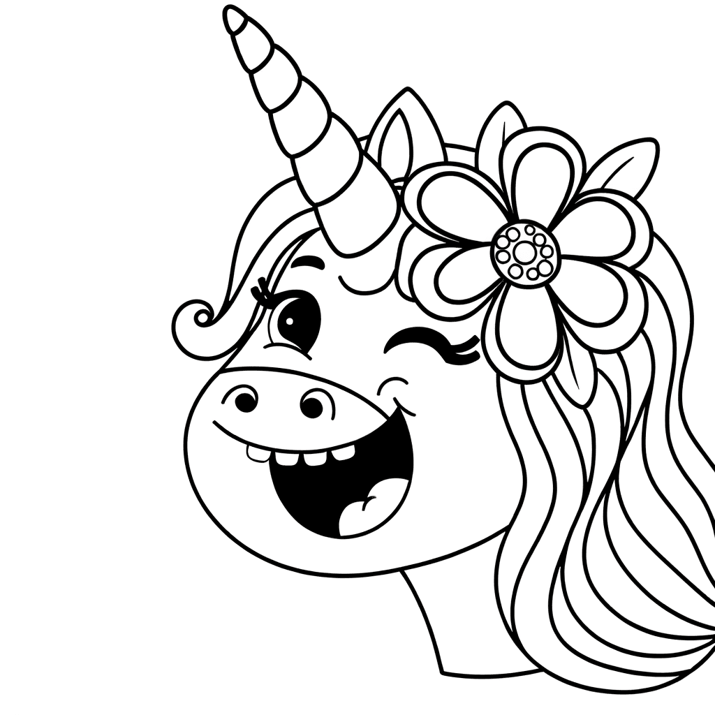 Lachendes Einhorn-Gesicht mit Blume Ausmalbild