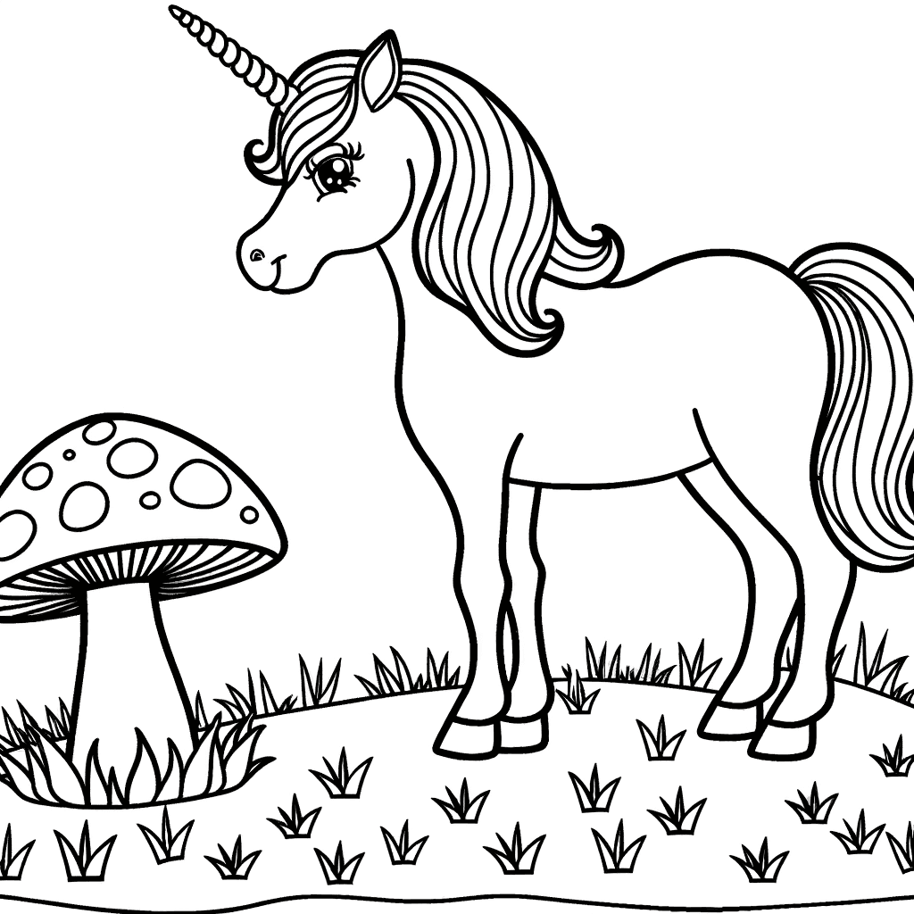 Einhorn auf der Wiese mit Glückspilz