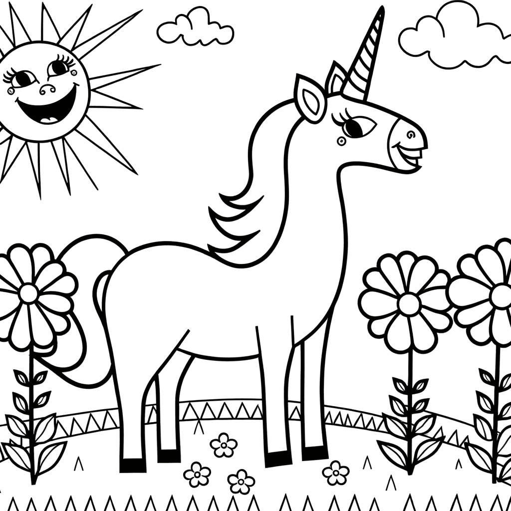 Einhorn auf der Blumenwiese mit lachender Sonne