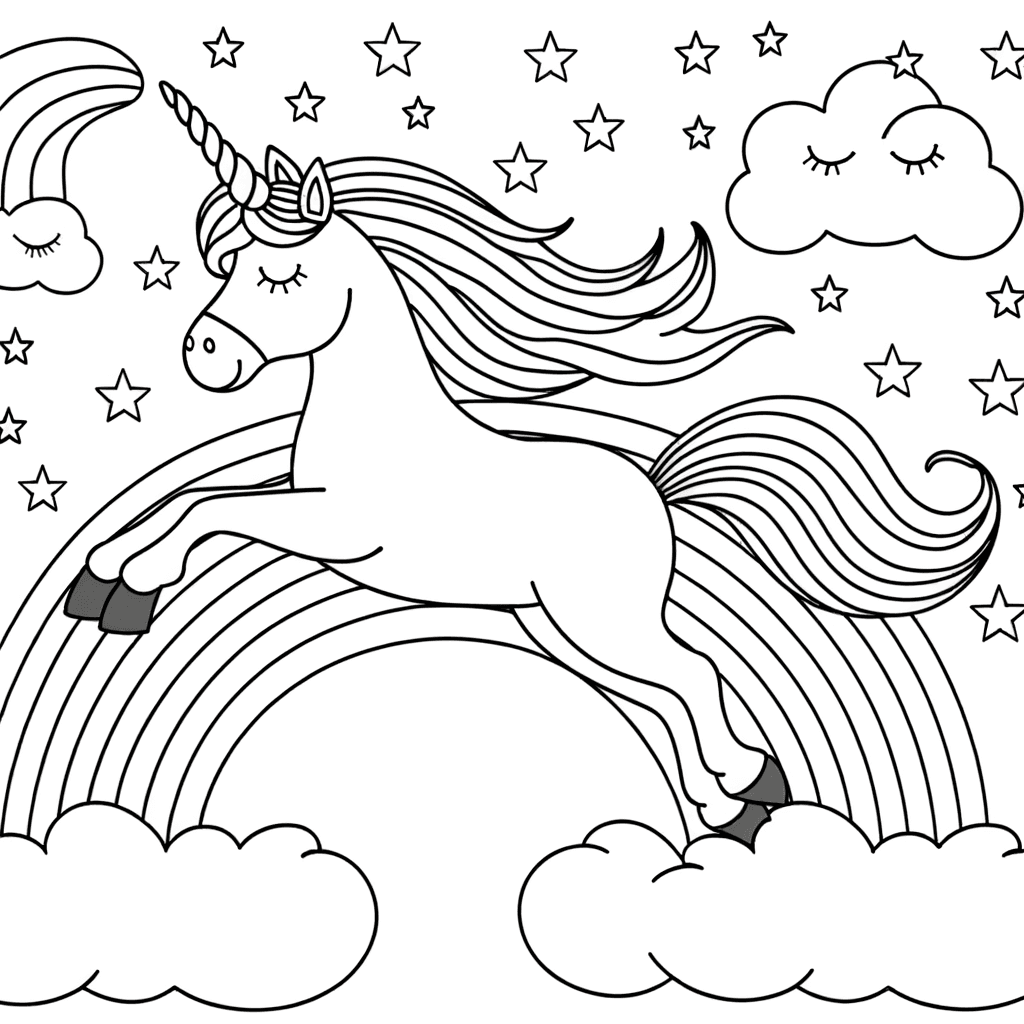 Einhorn auf dem Regenbogen Ausmalbild