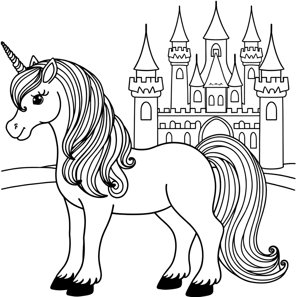Einhorn vor Märchenschloss mit wehender Mähne