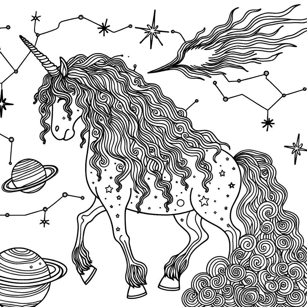 Majestätisches Einhorn im Weltraum: Ausmalbild für Profis