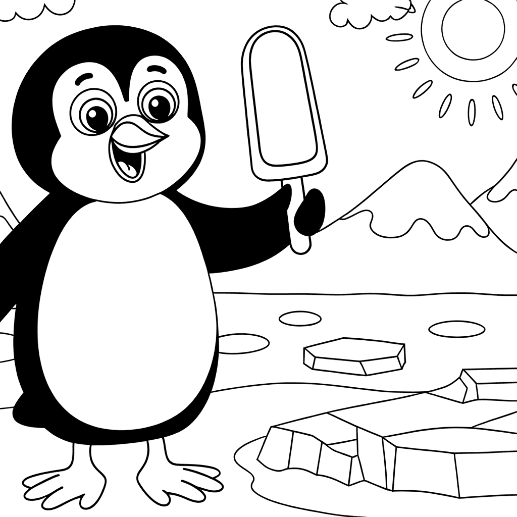 Pinguïn met ijsje: Kleurplaat voor kinderen