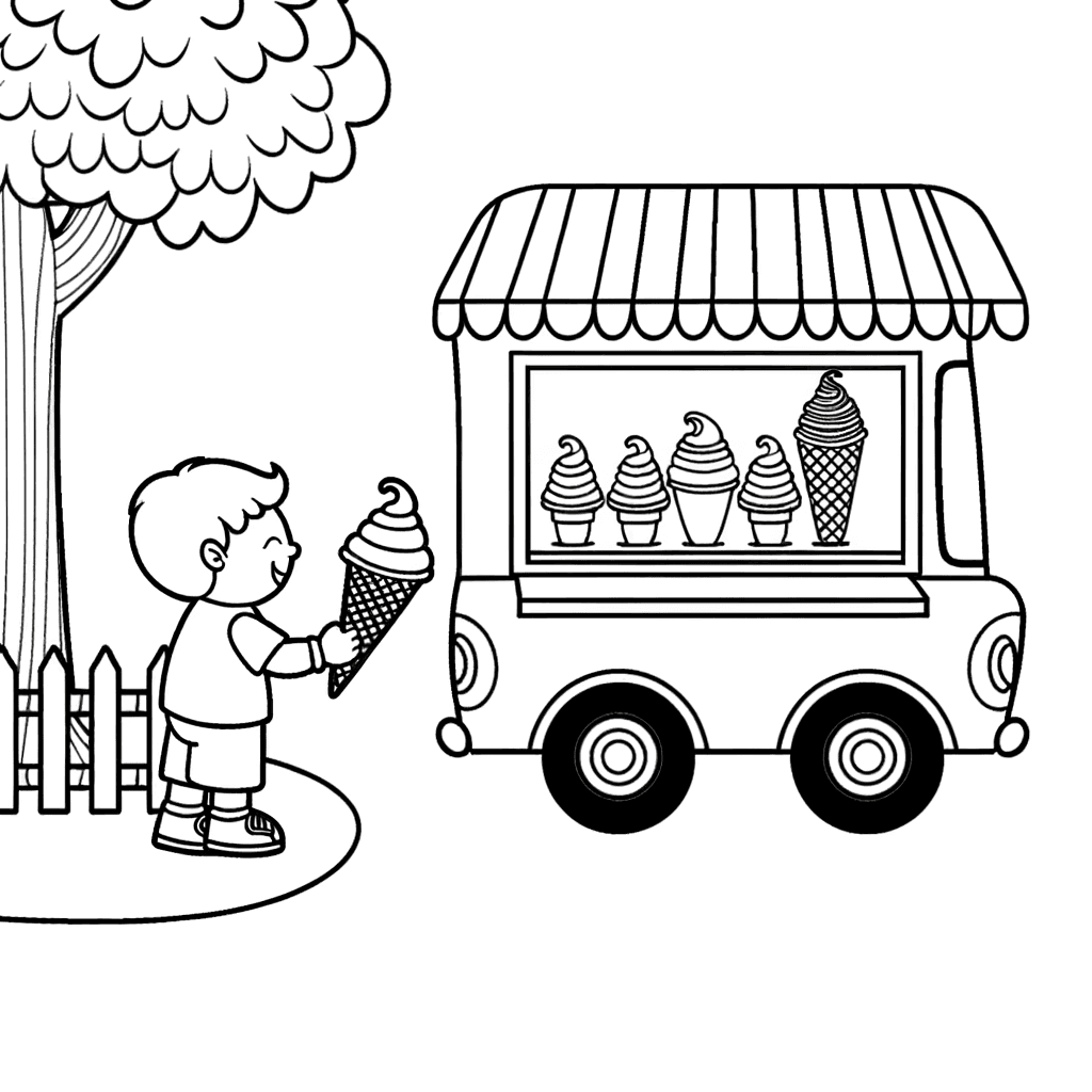 Ausmalbild: Eiswagen im Park mit Kind