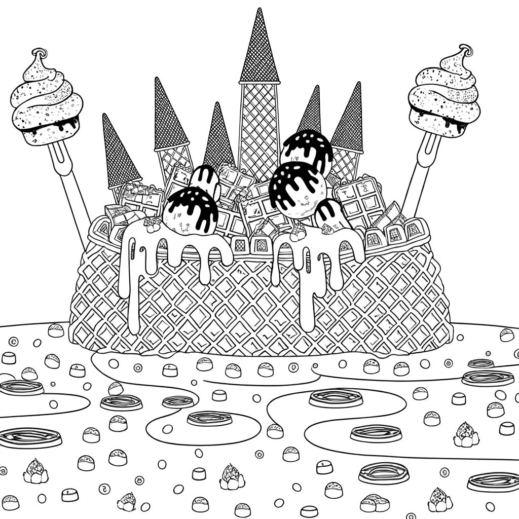 Ausmalbild: Fantastisches Eisschloss im Schlaraffenland