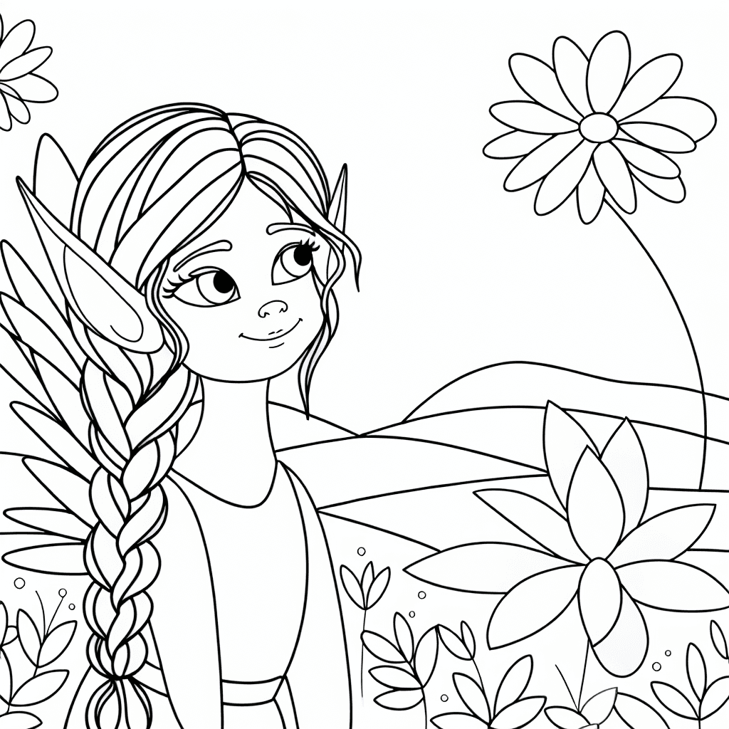 Elfe im Blumenfeld Ausmalbild