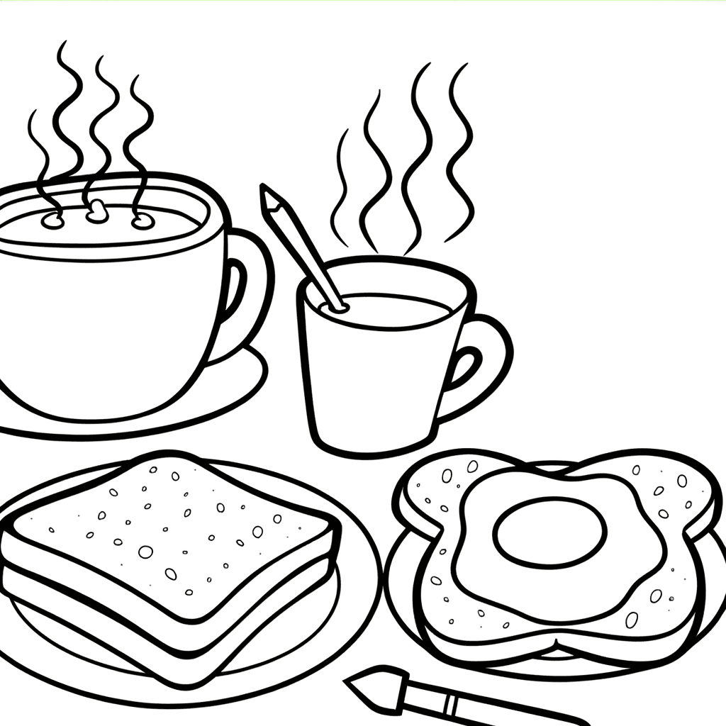 Ausmalbild Frühstückstisch mit Kakao & Ei