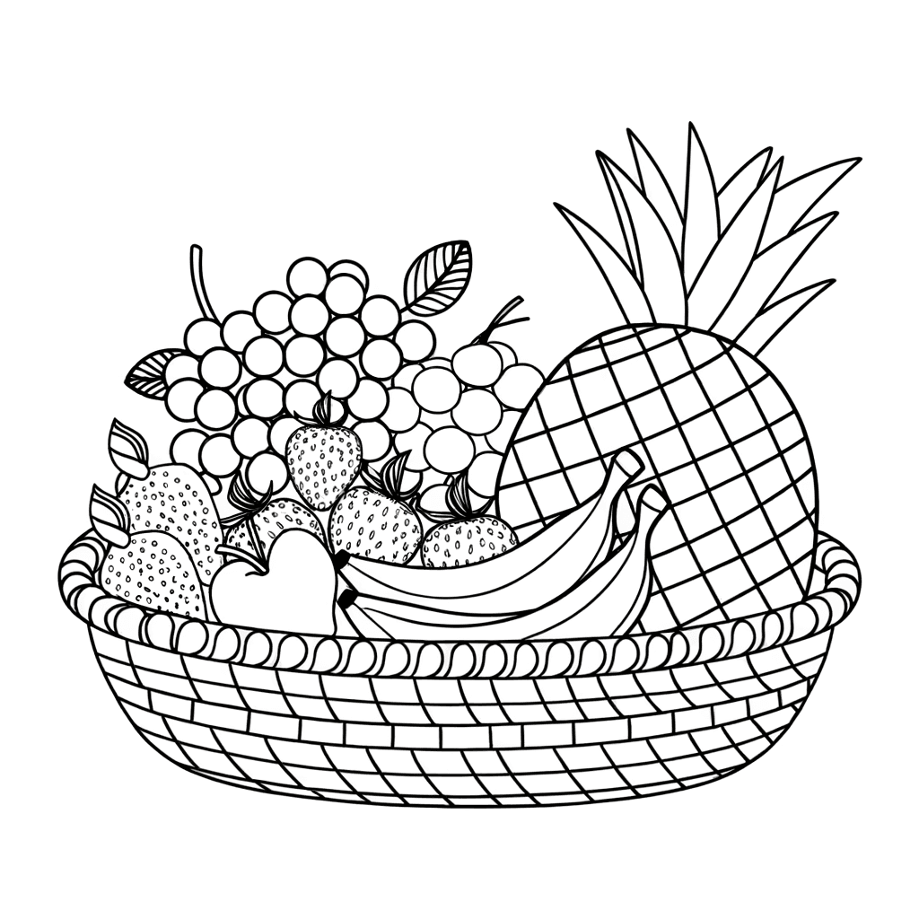 Fruit Basket Coloring Page with Bananas, Strawberries and Pineapple