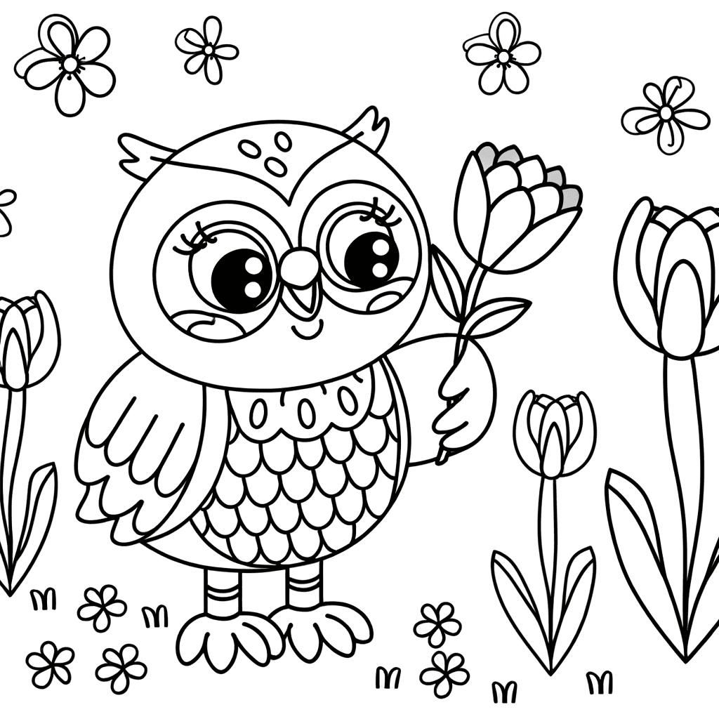 Fröhliche Eule mit Blume auf der Wiese Ausmalbild