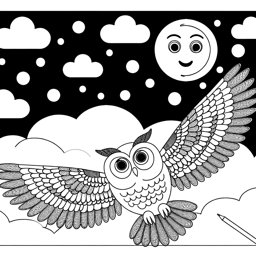 Fliegende Eule vor dem Mond Ausmalbild