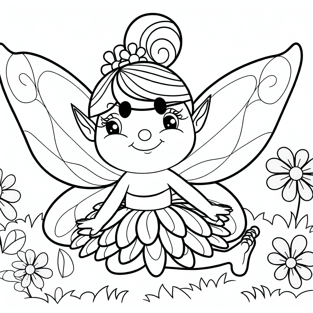 Lächelnde Fee in Blumenwiese Ausmalbild
