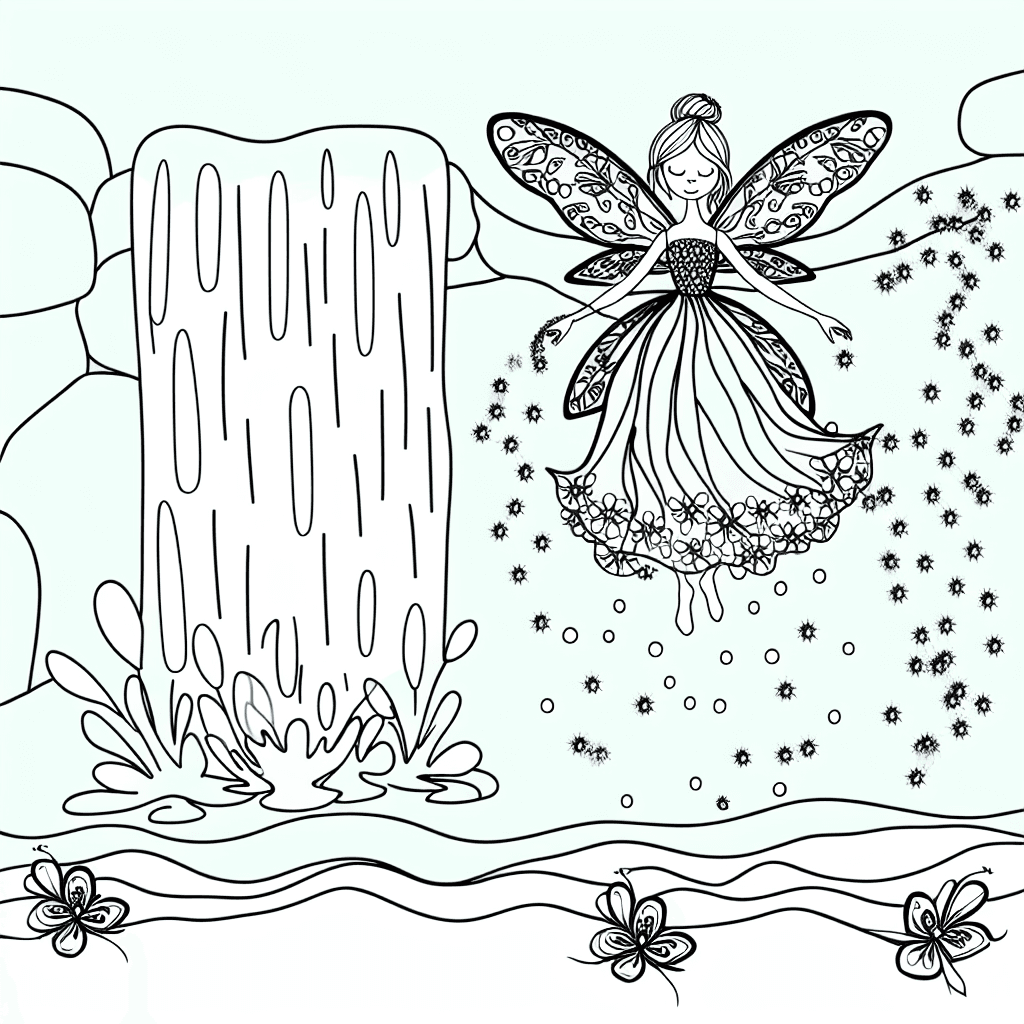 Fairy Coloring Page: Floating Fairy by Waterfall
