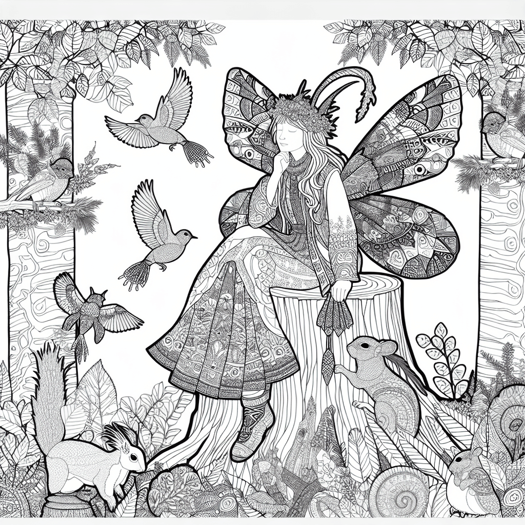 Dibujo para colorear de hada del bosque en tronco