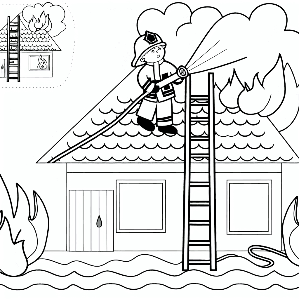 Bombero apagando una casa en llamas