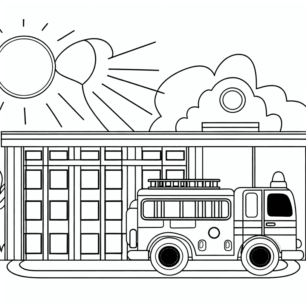 Feuerwehrstation mit Feuerwehrwagen Ausmalbild