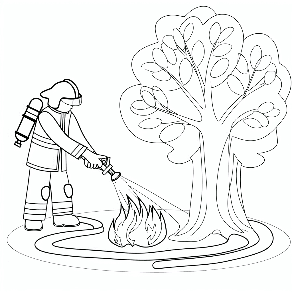 Bombero Apagando Fuego en un Árbol