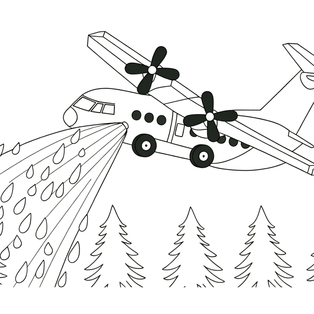 Löschflugzeug im Einsatz über dem Wald - Ausmalbild