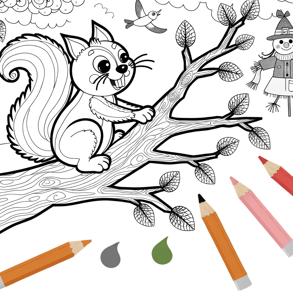 Fröhliches Eichhörnchen im Frühling – Ausmalbild