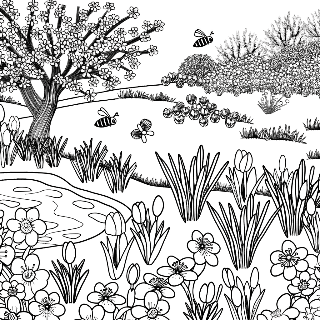 Ausmalbild Frühlingslandschaft mit Bachlauf und Kirschblüte