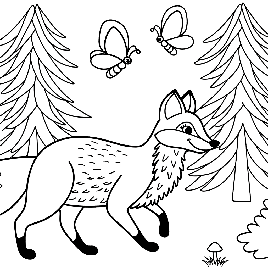Ausmalbild: Spielender Fuchs jagt Schmetterling im Wald