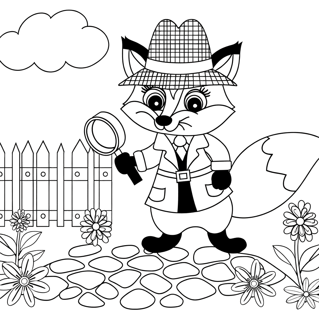 Ausmalbild: Schlauer Fuchs Detektiv mit Lupe
