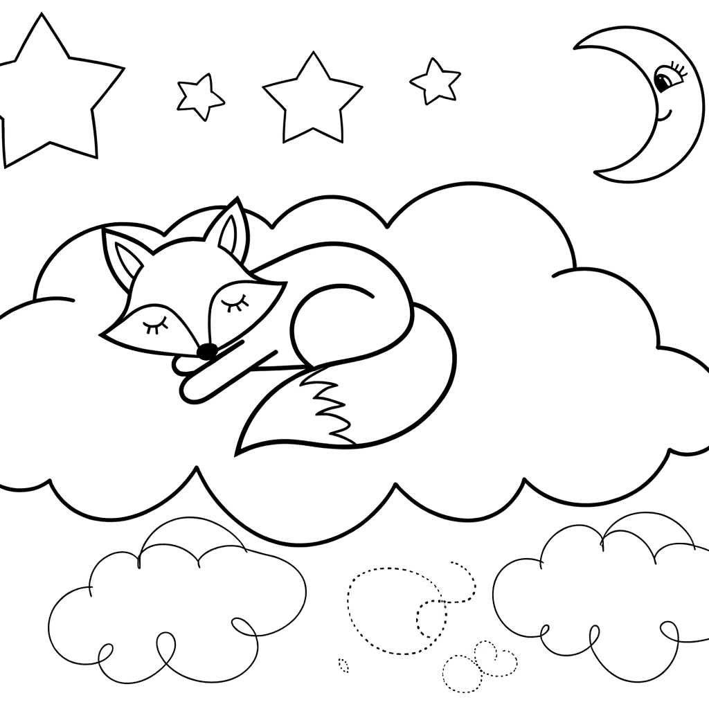 Schlafender Fuchs auf einer Wolke – Ausmalbild für Kinder